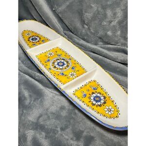 Le Cadeaux Melamine Divided Serving Tray Yellow Blue Floral Majolica 16 Inch